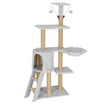 Petshop - Accesorii petshop - Jucarii animale - Ansambluri de joaca - Ansamblu de joaca pentru pisici, Springos, cu platforme, ciucuri, culcus, gri si bej, 49x35x136 cm - Infinity.ro