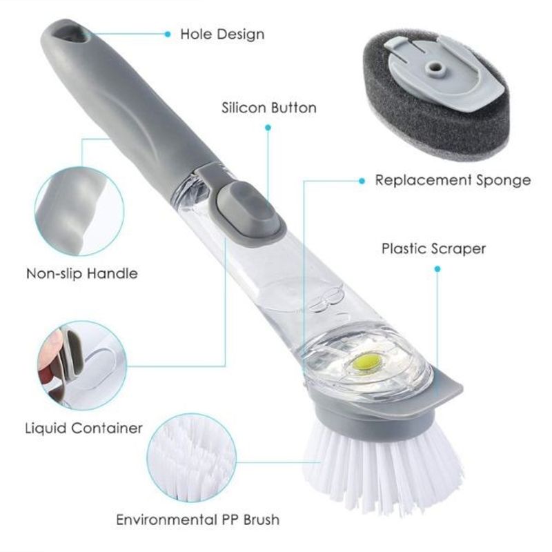Petshop - Ingrijire si Igiena - Produse uz extern - Perii si manusi - Perie multifunctionala pentru spalat vase, maner lung cu rezervor pentru detergent incorporat si 3 capete de rezerva, 1 perie si - Infinity.ro