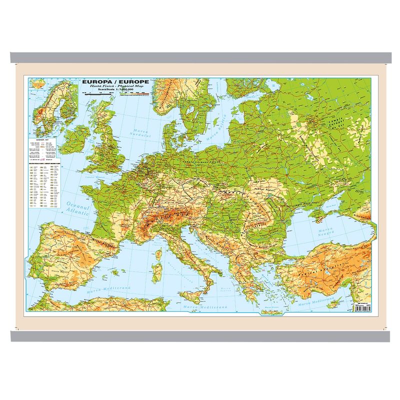 Carti si Birotica - Carti - Harti si ghiduri turistice - Harta dubla Europa Fizica/Politica si Rutiera, fata / verso, 50 x 70 cm, cu 2 baghete - Infinity.ro