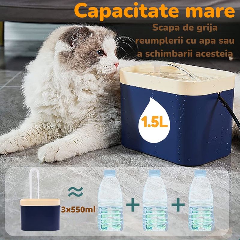 Petshop - Accesorii petshop - Castroane si adapatori - Dispenser apa automat, tip fantana de apa pentru pisici si catei, filtrare automata, silentioasa, 4 filtre, 1.5 L, roz - Infinity.ro