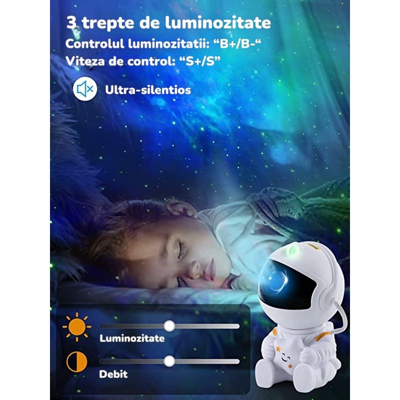 Casa si Gradina - Corpuri si surse de iluminat - Veioze si lampi - Lampi de veghe copii - Proiector de stele pentru copii Saharina, model astronaut cu stea, reglare 360, Alb - Infinity.ro