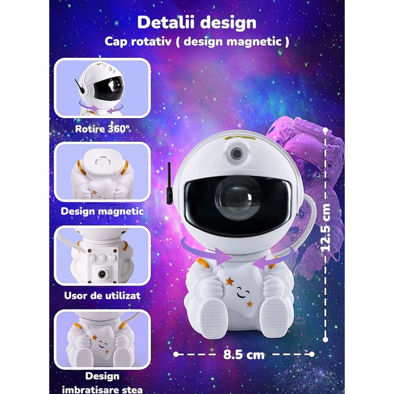 Casa si Gradina - Corpuri si surse de iluminat - Veioze si lampi - Lampi de veghe copii - Proiector de stele pentru copii Saharina, model astronaut cu stea, reglare 360, Alb - Infinity.ro