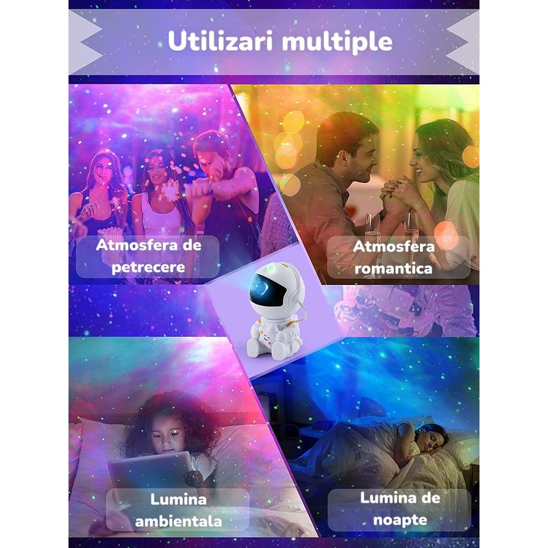 Casa si Gradina - Corpuri si surse de iluminat - Veioze si lampi - Lampi de veghe copii - Proiector de stele pentru copii Saharina, model astronaut cu stea, reglare 360, Alb - Infinity.ro