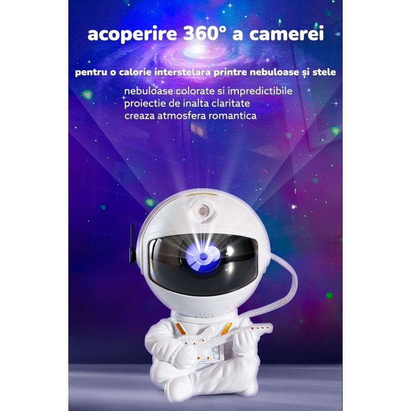 Casa si Gradina - Corpuri si surse de iluminat - Veioze si lampi - Lampi de veghe copii - Proiector de stele pentru copii Saharina, model astronaut cu chitara, reglare 360, Alb - Infinity.ro