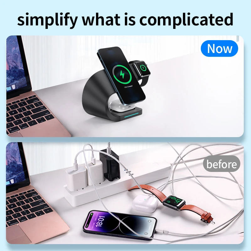 Laptop, Telefoane si Tablete - Telefoane mobile si accesorii - Accesorii Telefoane - Incarcatoare telefoane - Incarcator wireless fast charge 3 in 1, 15W, QC3.0, pentru telefon, Apple Watch 2/3/4/5/6/7/8/SE, Airpods, Negru - Infinity.ro