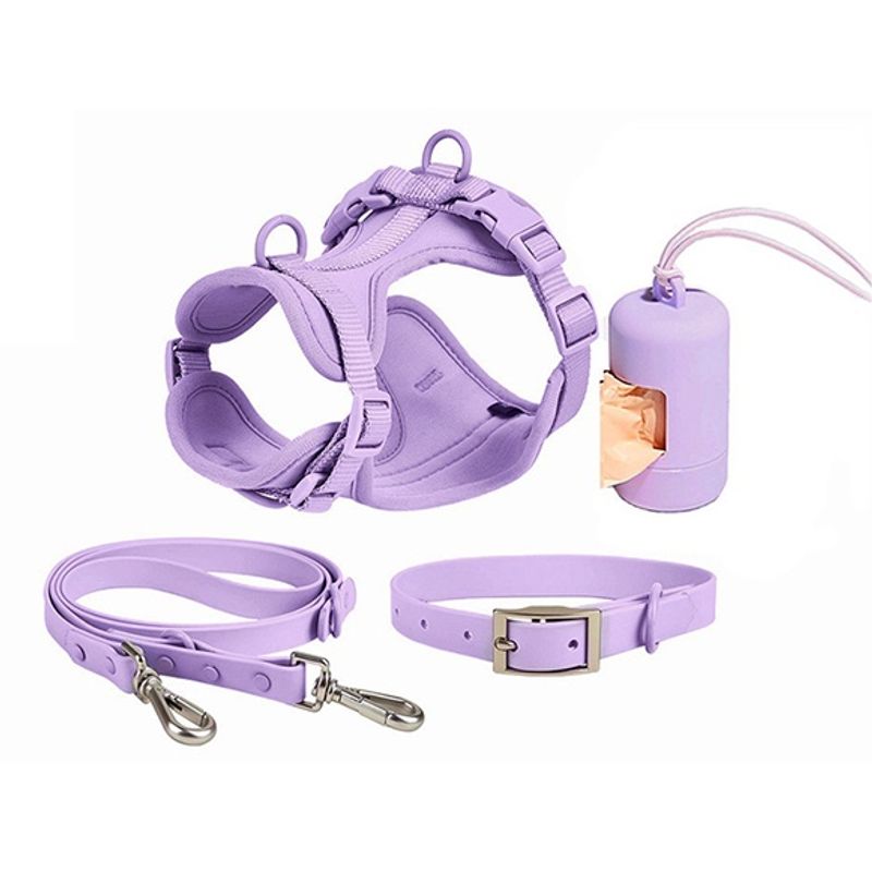 Petshop - Accesorii petshop - Zgarzi, lese si hamuri - Lese - Set 4 piese: zgarda, lesa, ham si dispenser pungi, rezistente la apa si murdarie, calitate premium, Lila, XS - Infinity.ro