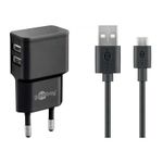 Laptop, Telefoane si Tablete - Telefoane mobile si accesorii - Accesorii Telefoane - Incarcatoare telefoane - Incarcator de retea dual 2x USB cu cablu micro USB 2.4A negru Goobay - Infinity.ro