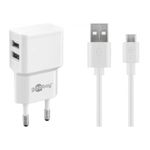 Laptop, Telefoane si Tablete - Telefoane mobile si accesorii - Accesorii Telefoane - Incarcatoare telefoane - Incarcator de retea dual 2x USB cu cablu micro USB 2.4A alb Goobay - Infinity.ro