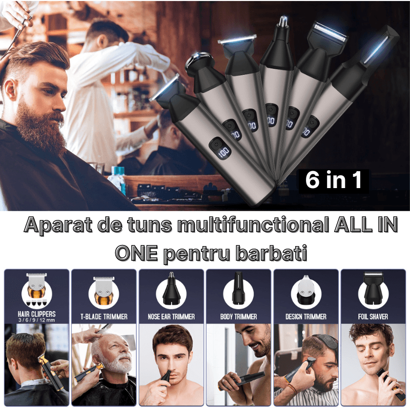 Ingrijire personala si Cosmetice - Aparate & accesorii ingrijire personala - Aparate de ras si tuns - Aparate de tuns - Aparat de tuns si ras profesional MaGeCa 5619 fara fir, Multifunctional 6 in 1, Autonomie 90min, Incarcare USB C, Silver - Infinity.ro