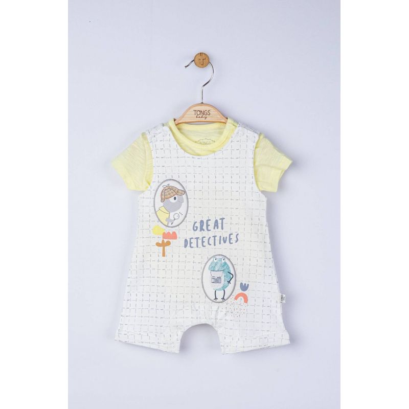 Fashion, accesorii si bijuterii - Copii - Imbracaminte copii - Salopete copii - Set salopeta cu tricou Great detectives pentru bebelusi, Tongs baby (Culoare: Galben, Marime: 6-9 luni) - Infinity.ro