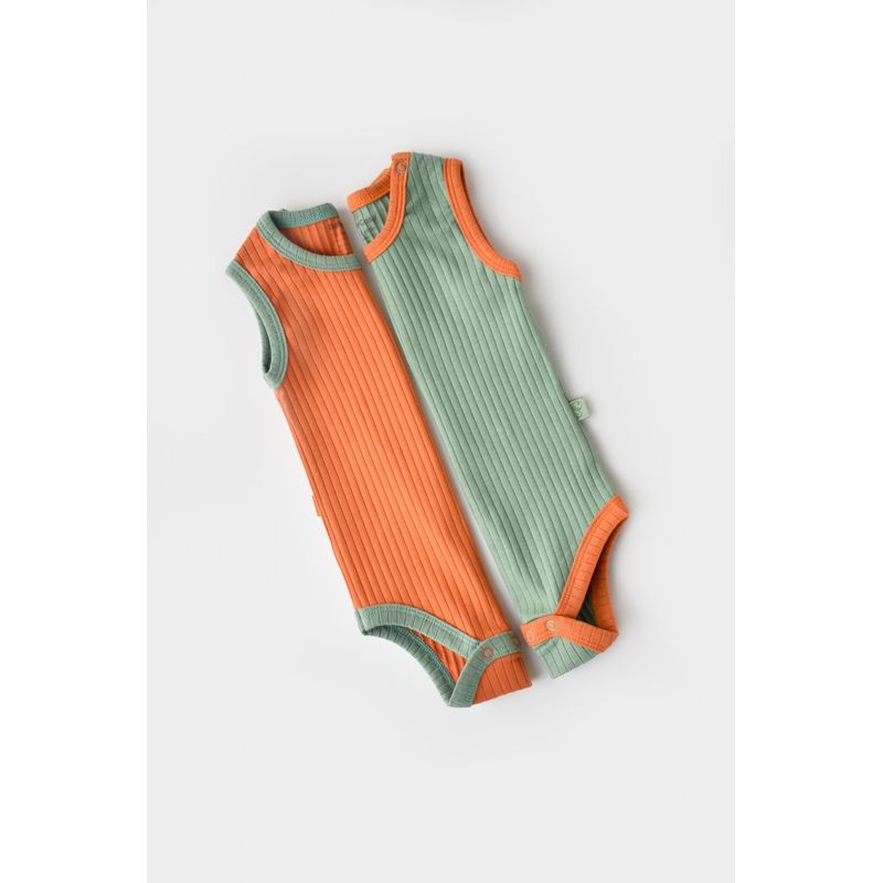 Fashion, accesorii si bijuterii - Copii - Imbracaminte copii - Body-uri copii - Set 2 body-uri fara maneci Ribana Bebe Unisex din bumbac organic si 5%elastan - Portocaliu/Verde BabyCosy (Marime: 12-18 Luni) - Infinity.ro