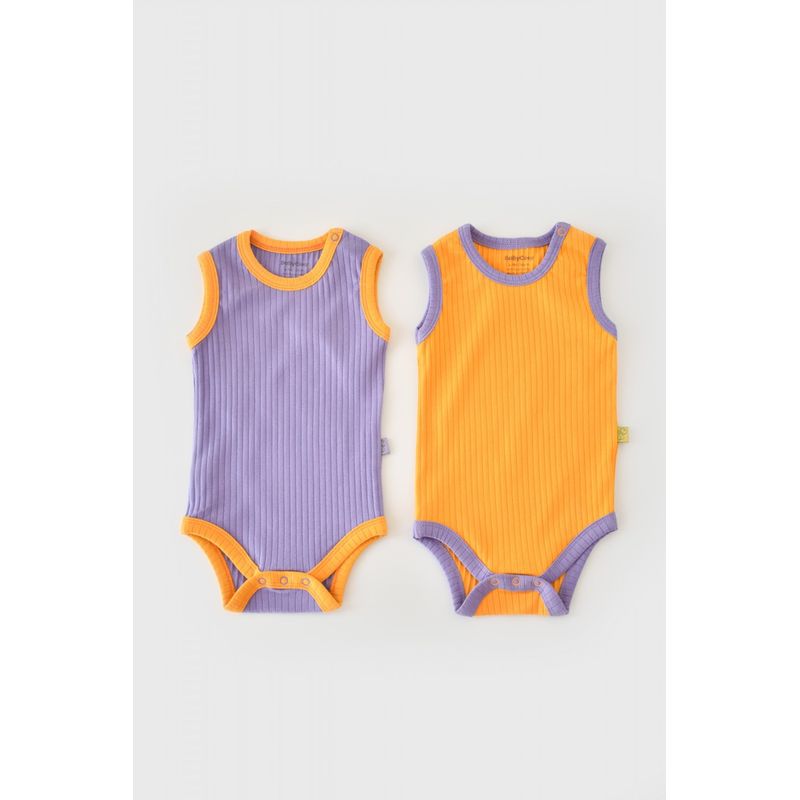Fashion, accesorii si bijuterii - Copii - Imbracaminte copii - Body-uri copii - Set 2 body-uri fara maneci Ribana Bebe Unisex din bumbac organic si 5%elastan - Galben/Mov BabyCosy (Marime: 6-9 luni) - Infinity.ro