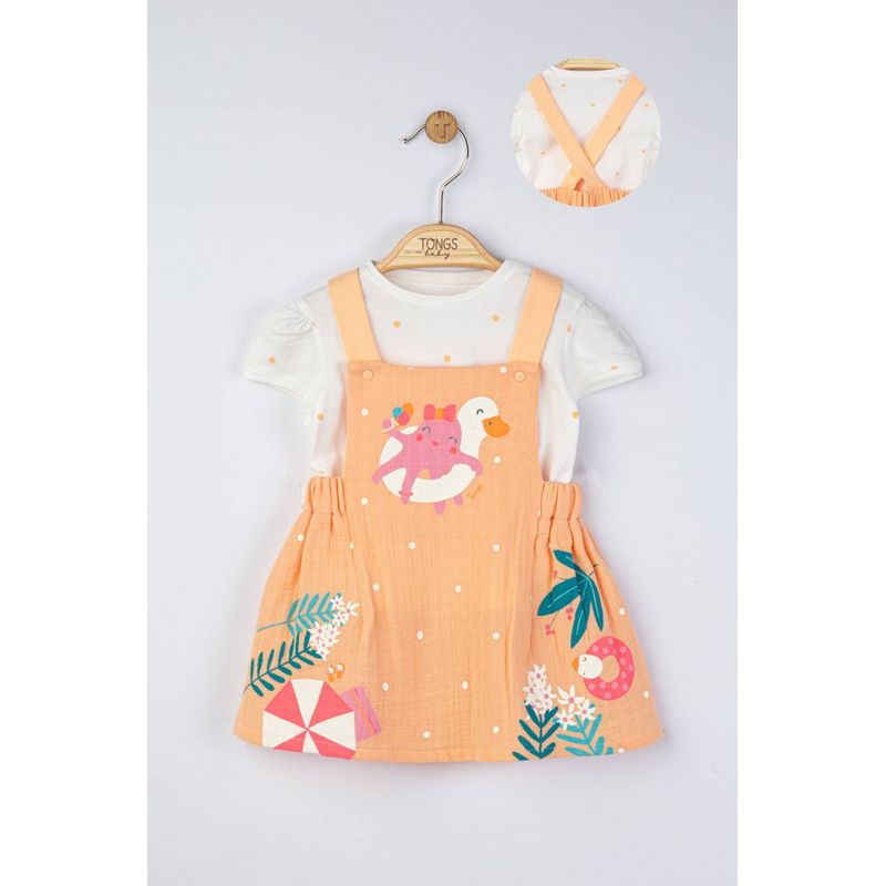 Fashion, accesorii si bijuterii - Copii - Imbracaminte copii - Treninguri si compleuri copii - Set rochita din muselina cu tricou cu bulinute pentru fetite, Tongs baby (Marime: 12-18 Luni, Culoare: Somon) - Infinity.ro