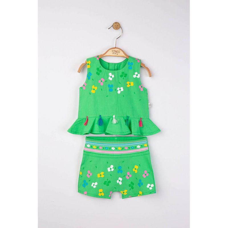 Fashion, accesorii si bijuterii - Copii - Imbracaminte copii - Treninguri si compleuri copii - Set elegant bluzita de vara cu pantalonasi pentru fetite Ciucurasi, Tongs baby (Culoare: Verde, Marime: 18-24 Luni) - Infinity.ro