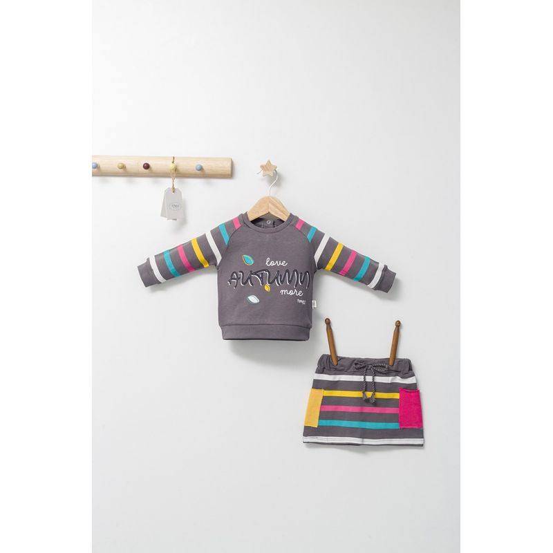 Fashion, accesorii si bijuterii - Copii - Imbracaminte copii - Treninguri si compleuri copii - Set 2 piese cu bluzita si fustita pentru fetite Colorful autum, Tongs baby (Culoare: Gri, Marime: 6-9 luni) - Infinity.ro