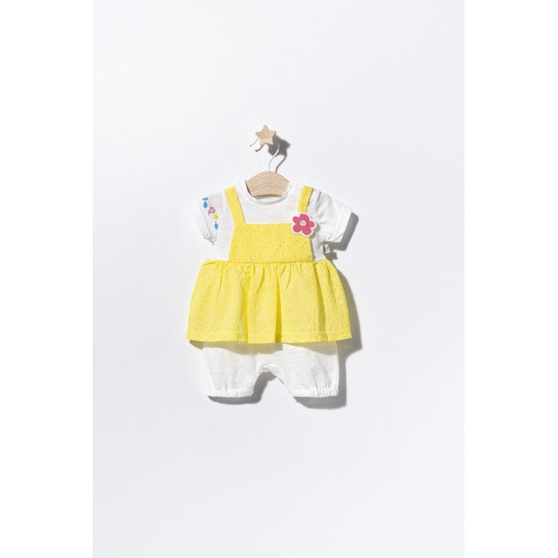 Fashion, accesorii si bijuterii - Copii - Imbracaminte copii - Salopete copii - Salopeta de vara pentru bebelusi Flower, Tongs baby (Culoare: Galben, Marime: 6-9 luni) - Infinity.ro