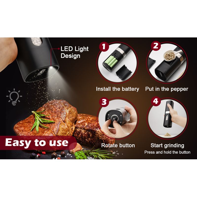Casa si Gradina - Bucatarie si vesela - Ustensile bucatarie - Rasnite si dozatoare condimente - Set rasnita electrica pentru sare si piper, macinare reglabila, 70ml, lumina LED, culoare neagra - Infinity.ro