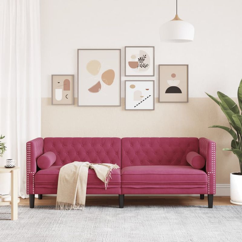 Casa si Gradina - Mobilier - Canapele si coltare - Canapele - Canapea Chesterfield cu pernute/3 locuri, rosu vin, catifea - Infinity.ro