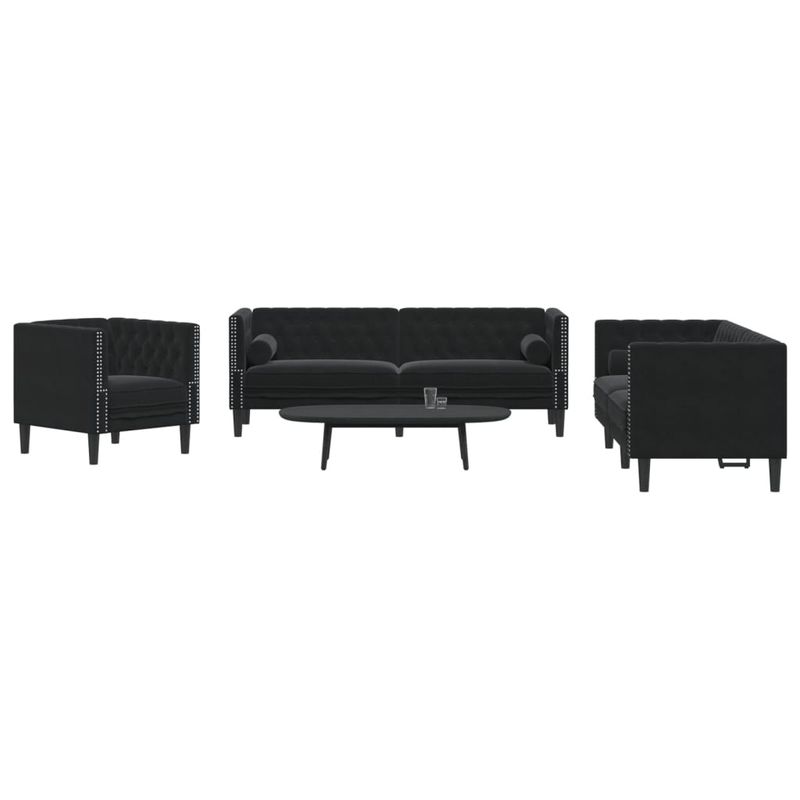 Casa si Gradina - Mobilier - Seturi de mobilier - Seturi living - Set canapele Chesterfield cu perne rulou 3 piese negru catifea - Infinity.ro