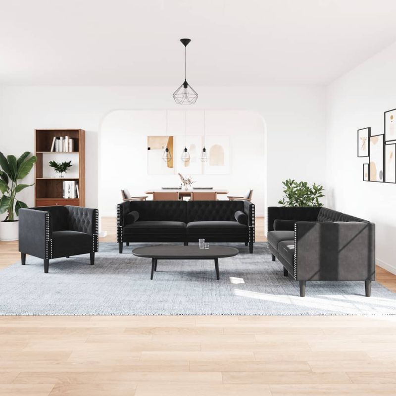 Casa si Gradina - Mobilier - Seturi de mobilier - Seturi living - Set canapele Chesterfield cu perne rulou 3 piese negru catifea - Infinity.ro