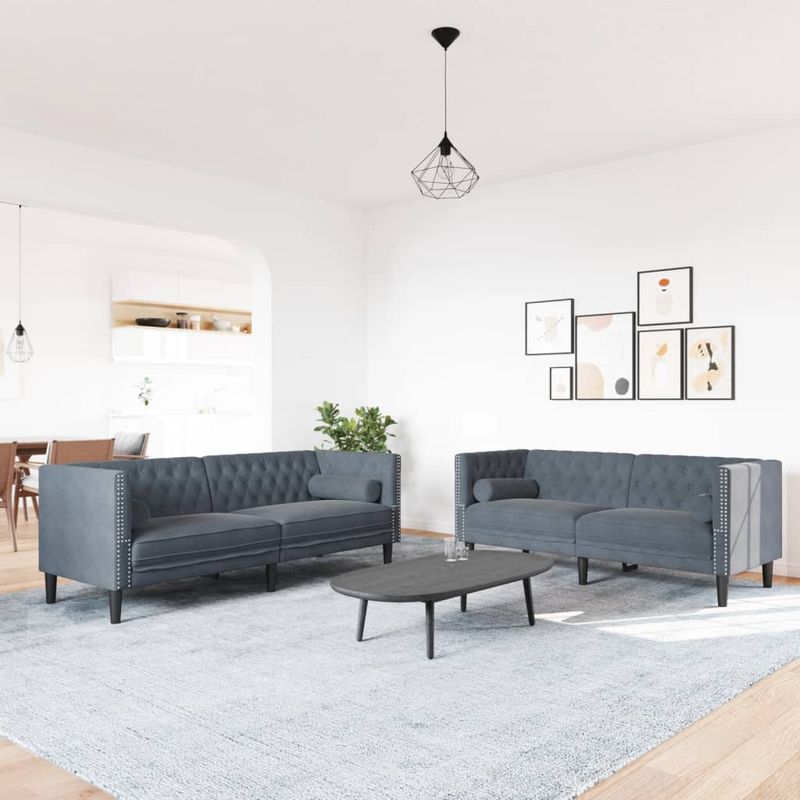 Casa si Gradina - Mobilier - Seturi de mobilier - Seturi living - Set canapele Chesterfield cu perne rulou, 2 piese, catifea, gri închis - Infinity.ro