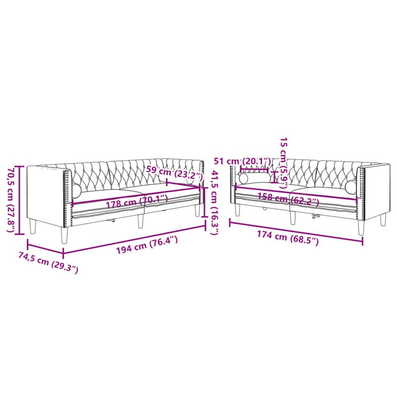 Casa si Gradina - Mobilier - Seturi de mobilier - Seturi living - Set canapele Chesterfield cu perne rulou, 2 piese, catifea, gri închis - Infinity.ro