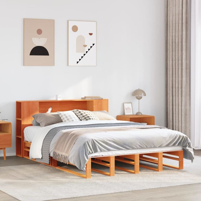 Casa si Gradina - Mobilier - Paturi si accesorii - Paturi - Pat cu biblioteca fara saltea maro ceruit 135x190 cm lemn masiv - Infinity.ro