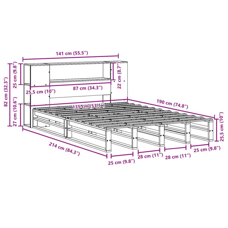 Casa si Gradina - Mobilier - Paturi si accesorii - Paturi - Pat cu biblioteca fara saltea maro ceruit 135x190 cm lemn masiv - Infinity.ro