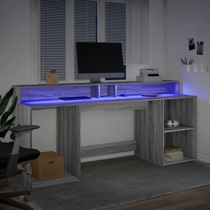 Casa si Gradina - Mobilier - Mese si birouri - Birouri - Birou cu lumini LED, gri sonoma, 200x55x91 cm, lemn prelucrat - Infinity.ro