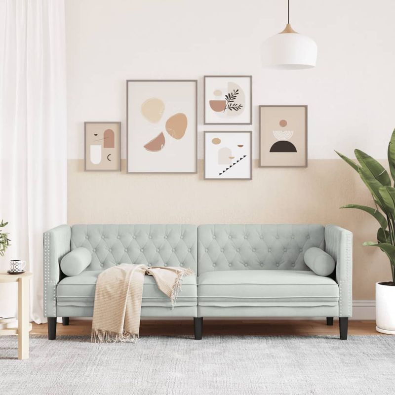 Casa si Gradina - Mobilier - Canapele si coltare - Canapele - Canapea Chesterfield cu pernute/3 locuri, gri deschis, catifea - Infinity.ro