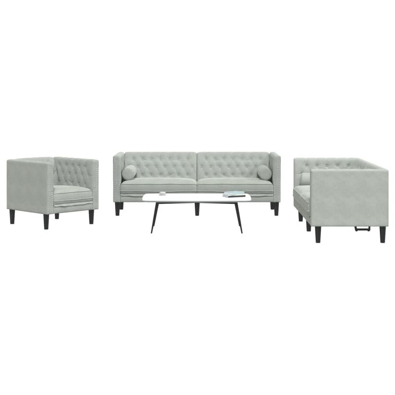 Casa si Gradina - Mobilier - Seturi de mobilier - Seturi living - Set canapele Chesterfield cu perne rulou, 3 piese, catifea, gri deschis - Infinity.ro
