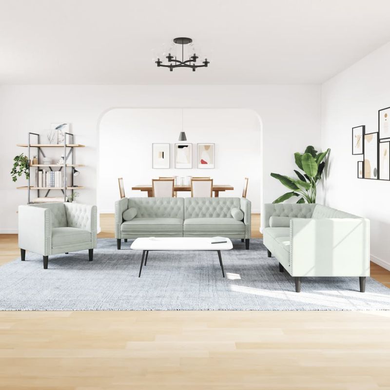 Casa si Gradina - Mobilier - Seturi de mobilier - Seturi living - Set canapele Chesterfield cu perne rulou, 3 piese, catifea, gri deschis - Infinity.ro