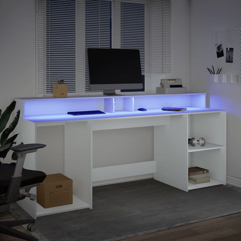 Casa si Gradina - Mobilier - Mese si birouri - Birouri - Birou cu lumini LED, alb, 200x55x91 cm, lemn prelucrat - Infinity.ro