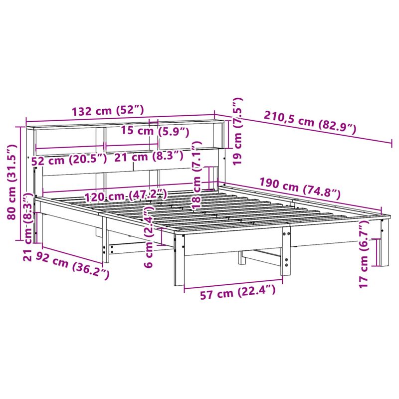 Casa si Gradina - Mobilier - Paturi si accesorii - Paturi - Pat cu biblioteca fara saltea, maro, 120x190 cm, lemn masiv pin - Infinity.ro