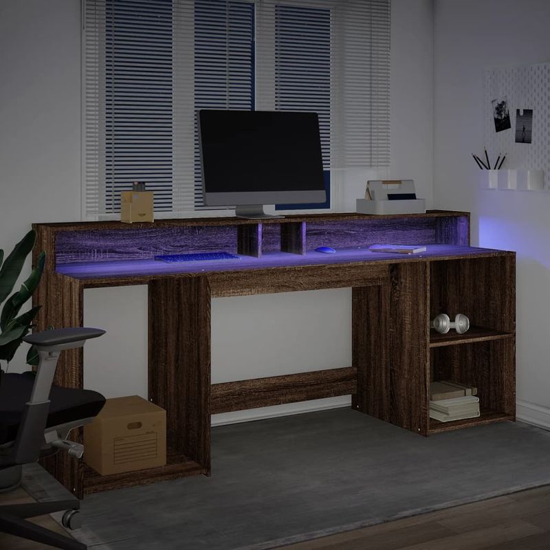 Casa si Gradina - Mobilier - Mese si birouri - Birouri - Birou cu lumini LED, stejar maro, 200x55x91 cm, lemn prelucrat - Infinity.ro