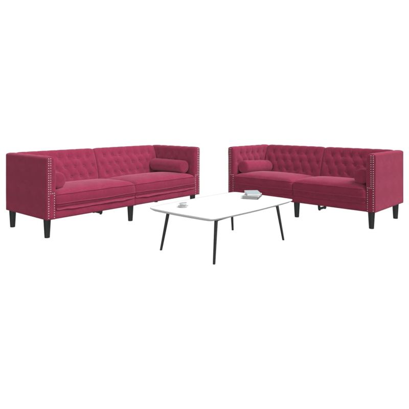 Casa si Gradina - Mobilier - Seturi de mobilier - Seturi living - Set canapele Chesterfield perne rulou 2 piese rosu vin catifea - Infinity.ro