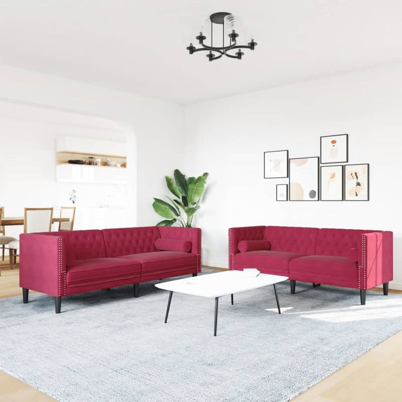 Casa si Gradina - Mobilier - Seturi de mobilier - Seturi living - Set canapele Chesterfield perne rulou 2 piese rosu vin catifea - Infinity.ro