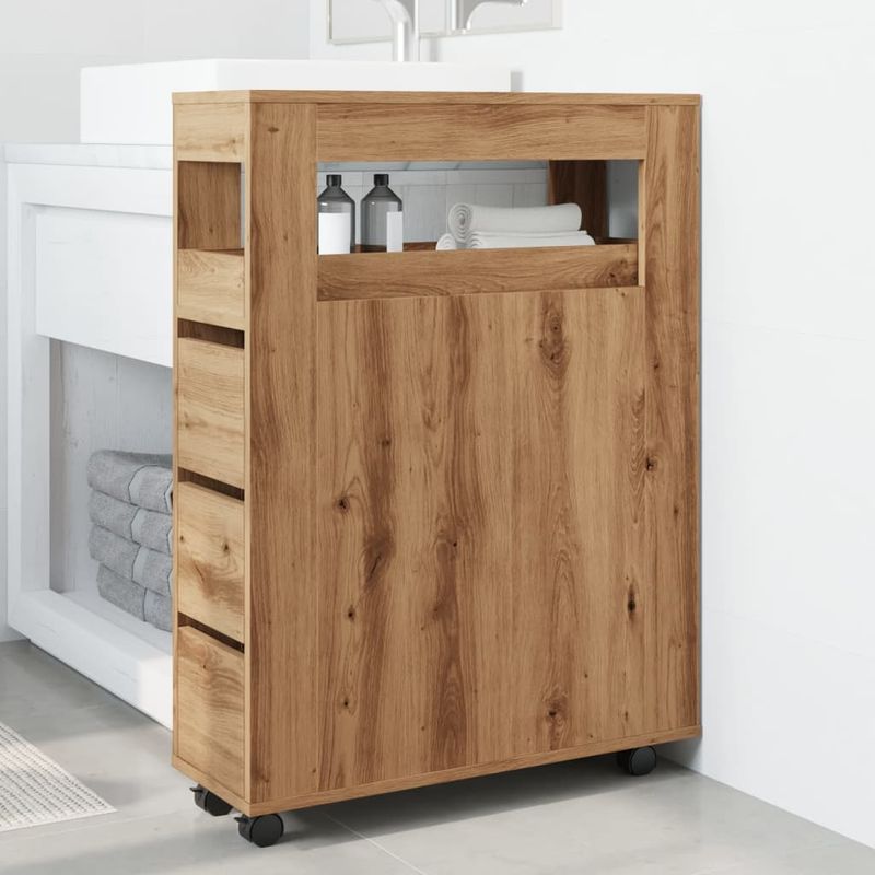 Casa si Gradina - Mobilier - Dulapuri si sifoniere - Dulapuri - Dulap de baie ingust cu roti, stejar artizanal, lemn prelucrat - Infinity.ro