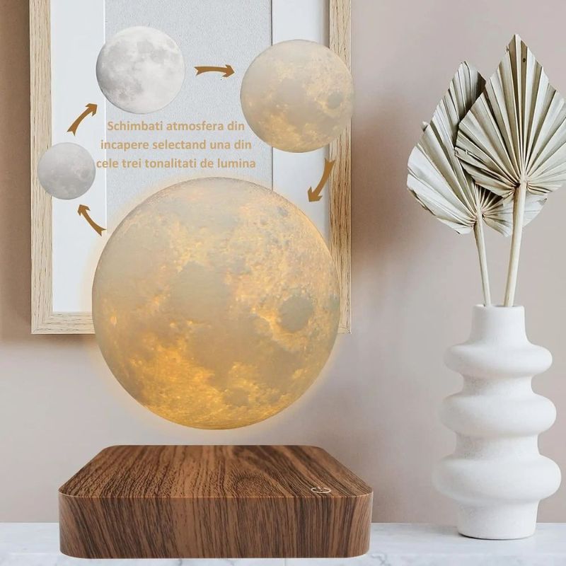 Casa si Gradina/Corpuri si surse de iluminat/Veioze si lampi/Veioze - Lampa LED Luna Cu Levitatie Magnetica, Putere 5W, 18 cm, Lumina reglabila in 3 tonuri, Alimentare AC, Comenzi tactile - Infinity.ro