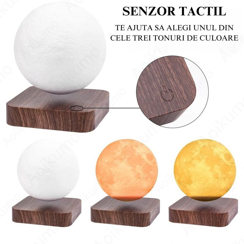 Casa si Gradina/Corpuri si surse de iluminat/Veioze si lampi/Veioze - Lampa LED Luna Cu Levitatie Magnetica, Putere 5W, 18 cm, Lumina reglabila in 3 tonuri, Alimentare AC, Comenzi tactile - Infinity.ro