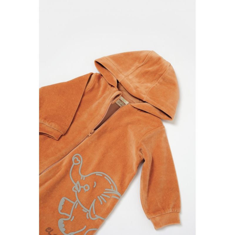 Fashion, accesorii si bijuterii - Copii - Imbracaminte copii - Salopete copii - Salopeta Elefant cu maneca lunga si gluga din 80%bumbac organic si 20% poliester - Caramiziu, BabyCosy (Marime: 18-24 Luni) - Infinity.ro