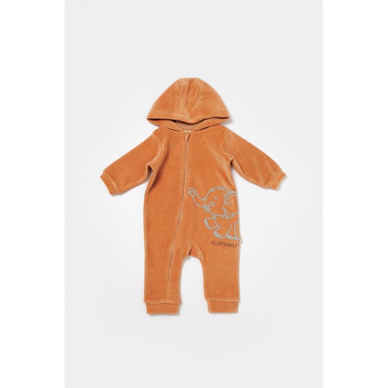 Fashion, accesorii si bijuterii - Copii - Imbracaminte copii - Salopete copii - Salopeta Elefant cu maneca lunga si gluga din 80%bumbac organic si 20% poliester - Caramiziu, BabyCosy (Marime: 18-24 Luni) - Infinity.ro