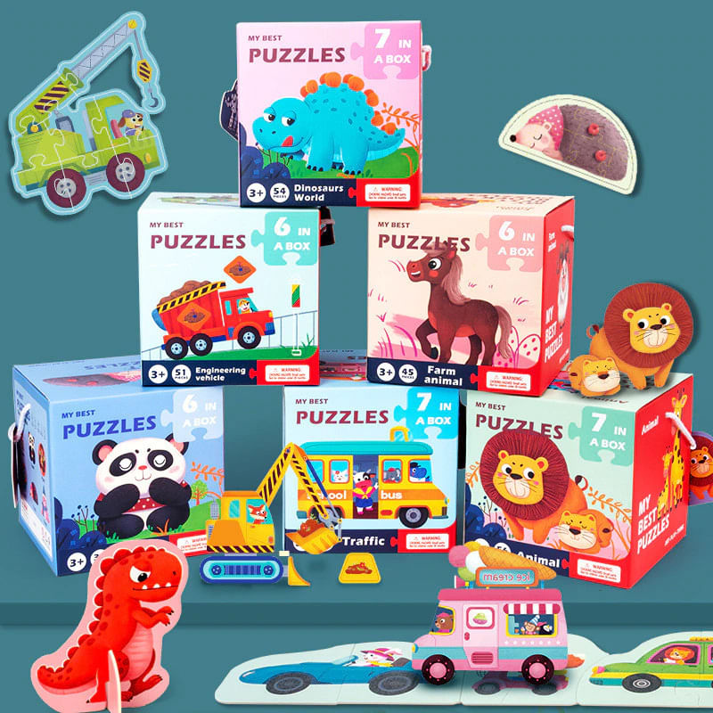 Jucarii, Copii si Bebe - Jucarii si jocuri - Jocuri si puzzle - Puzzle - Puzzle cu Piese Mari, 2 Fete, Carton, 7 in 1, Dinozauri - Infinity.ro
