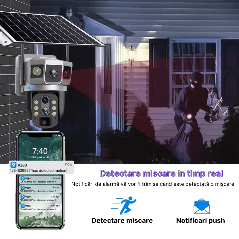 Casa si Gradina - Electrice - Smart Home - Camere de supraveghere - Camera de supraveghere cu panou solar MaGeCa, 4G, Cartela SIM, 4MP Full HD, Zoom 10X, 3 zone supravegheate simultan, Gri - Infinity.ro