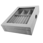 Fashion, accesorii si bijuterii - Femei - Bijuterii femei - Cutii bijuterii - Cutie bijuterii, 1 compartiment bratari si 3 compartimente inele si cercei, plastic, captuseala catifea, 20x15x5 cm, gri, capac transparent, cu cheita, usor depozitat/transportat/curatat - Infinity.ro