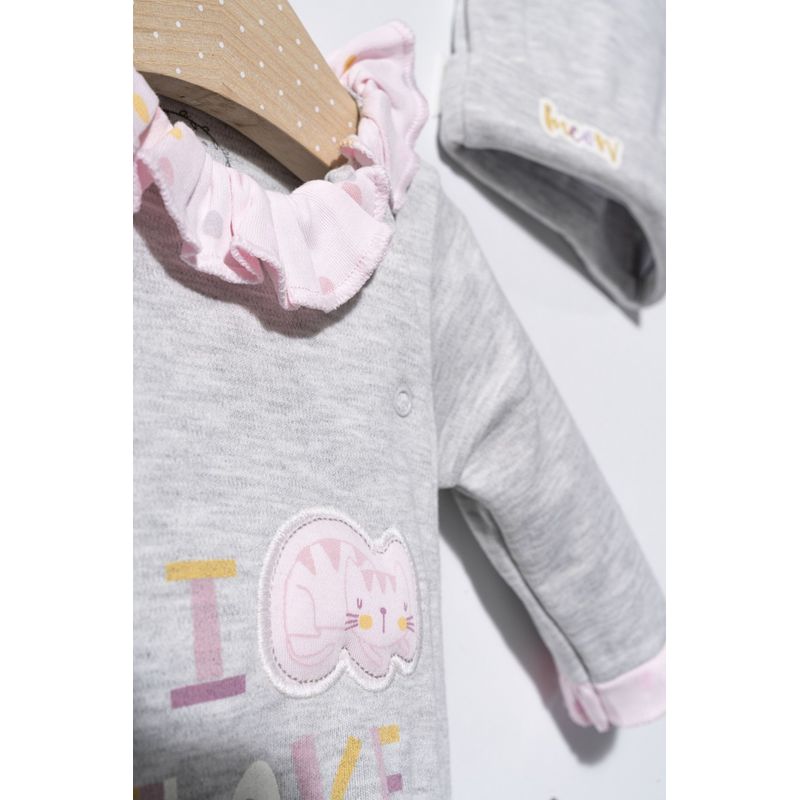 Fashion, accesorii si bijuterii - Copii - Imbracaminte copii - Salopete copii - Salopeta cu caciulita pentru bebelusi Pisicute, Tongs baby, Mov, marime: 6-9 luni - Infinity.ro