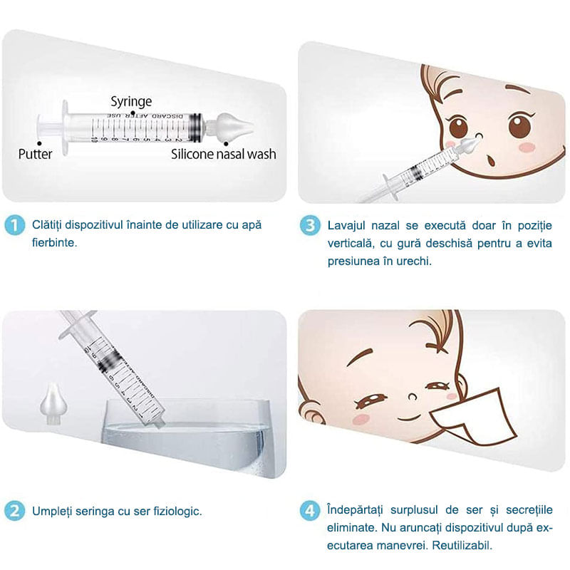 Jucarii, Copii si Bebe - Igiena si ingrijire - Accesorii ingrijire copii - Aspiratoare nazale si accesorii - Irigator Nazal tip Seringa pentru Spalarea Nasului, MEDILOGIC™, pentru Bebelusi, Copii si Adulti, 10 ml, Transparent - Infinity.ro