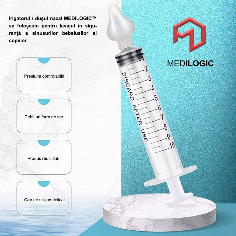 Jucarii, Copii si Bebe - Igiena si ingrijire - Accesorii ingrijire copii - Aspiratoare nazale si accesorii - Irigator Nazal tip Seringa pentru Spalarea Nasului, MEDILOGIC™, pentru Bebelusi, Copii si Adulti, 10 ml, Transparent - Infinity.ro
