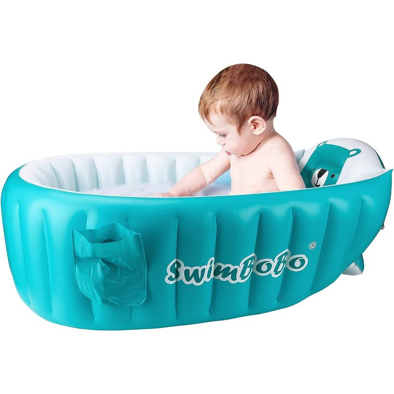 Jucarii, Copii si Bebe - Igiena si ingrijire - Baia bebelusului - Cadite bebe si accesorii baie - Cadita gonflabila pentru bebelusi si copii, 0-5 ani, portabila, pliabila, mini piscina calatorie, albastra, bebeLOGIC™ - Infinity.ro