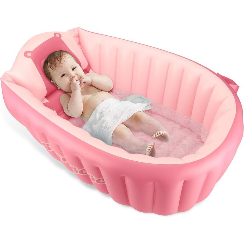 Jucarii, Copii si Bebe - Igiena si ingrijire - Baia bebelusului - Cadite bebe si accesorii baie - Cadita gonflabila pentru bebelusi si copii, 0-5 ani, portabila, pliabila, mini piscina de calatorie, roz, bebeLOGIC™ - Infinity.ro